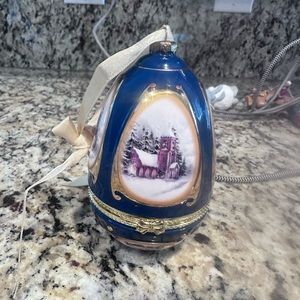 Vintage Mr. Christmas Porcelain Musical Egg Christmas Tree Ornament Blue Music